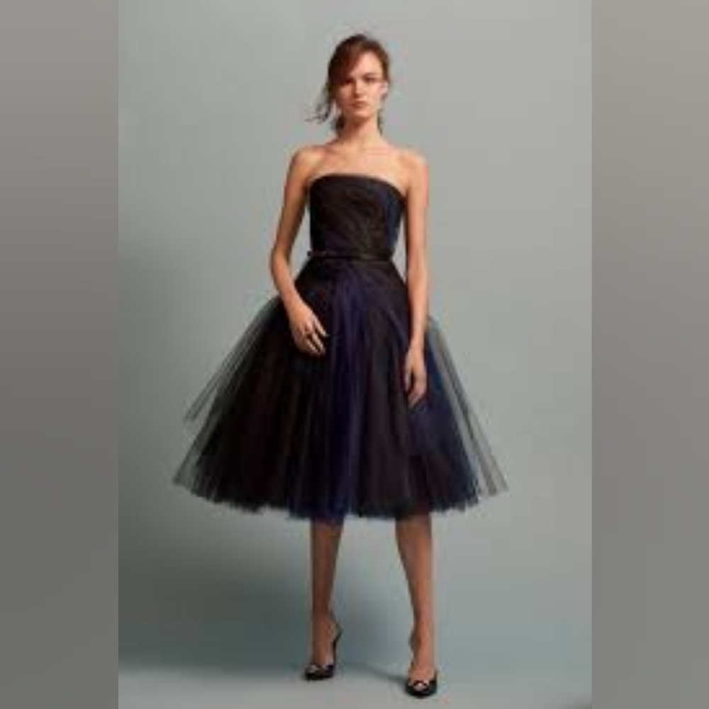 $5,700 OSCAR DE LA RENTA EXCLUS SILK LINED BLUE BLACK TULLE RUNWAY DRESS US 0 - Picture 5 of 13